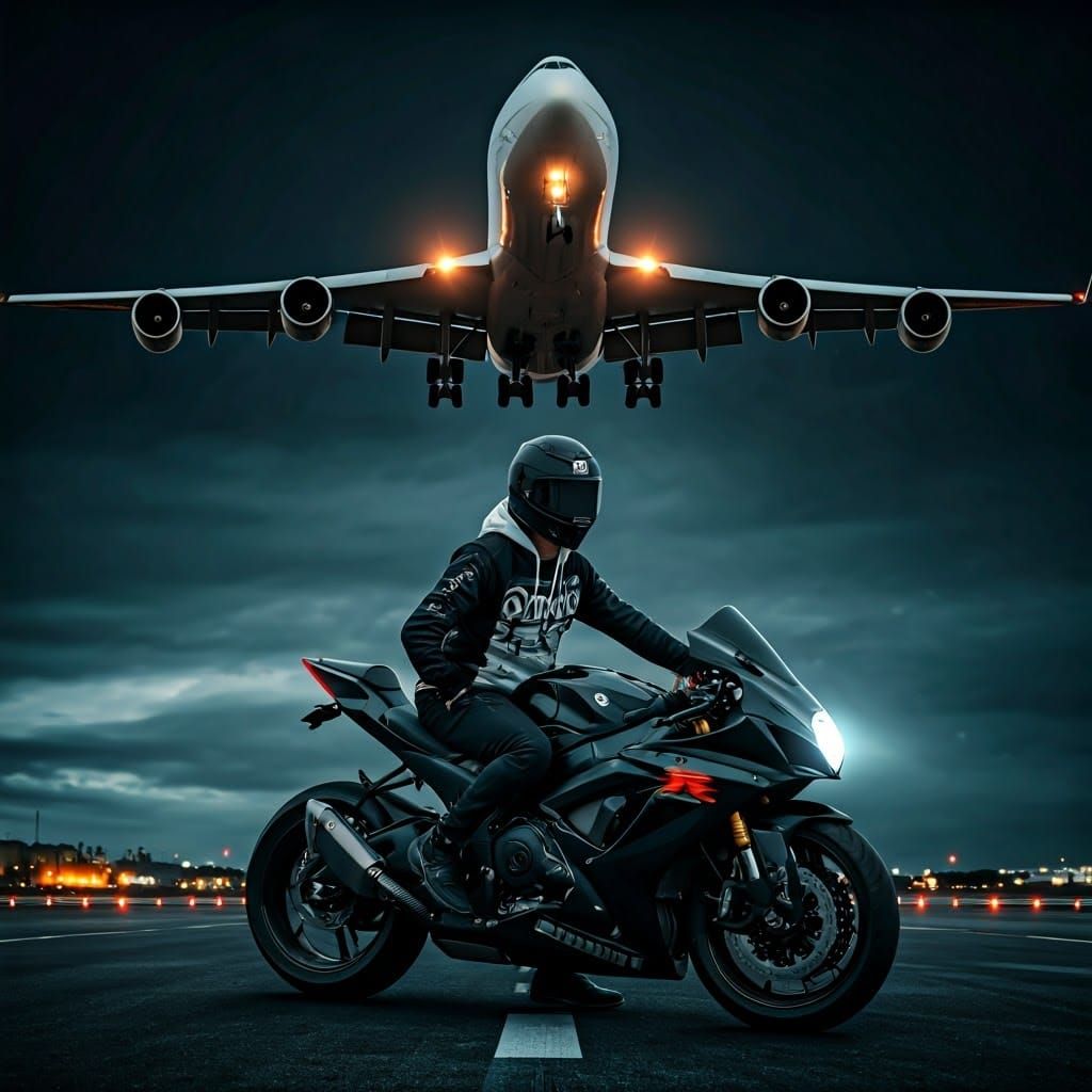 Motorcyclist in Profound Awe as Airplane Descends in Cyberpu...