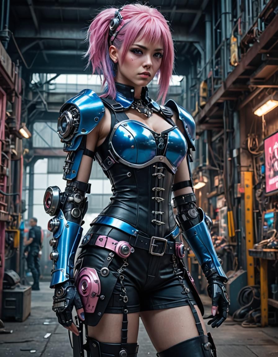 Biopunk Gothic Woman with Robotic Arm: Hyperrealistic Portra...