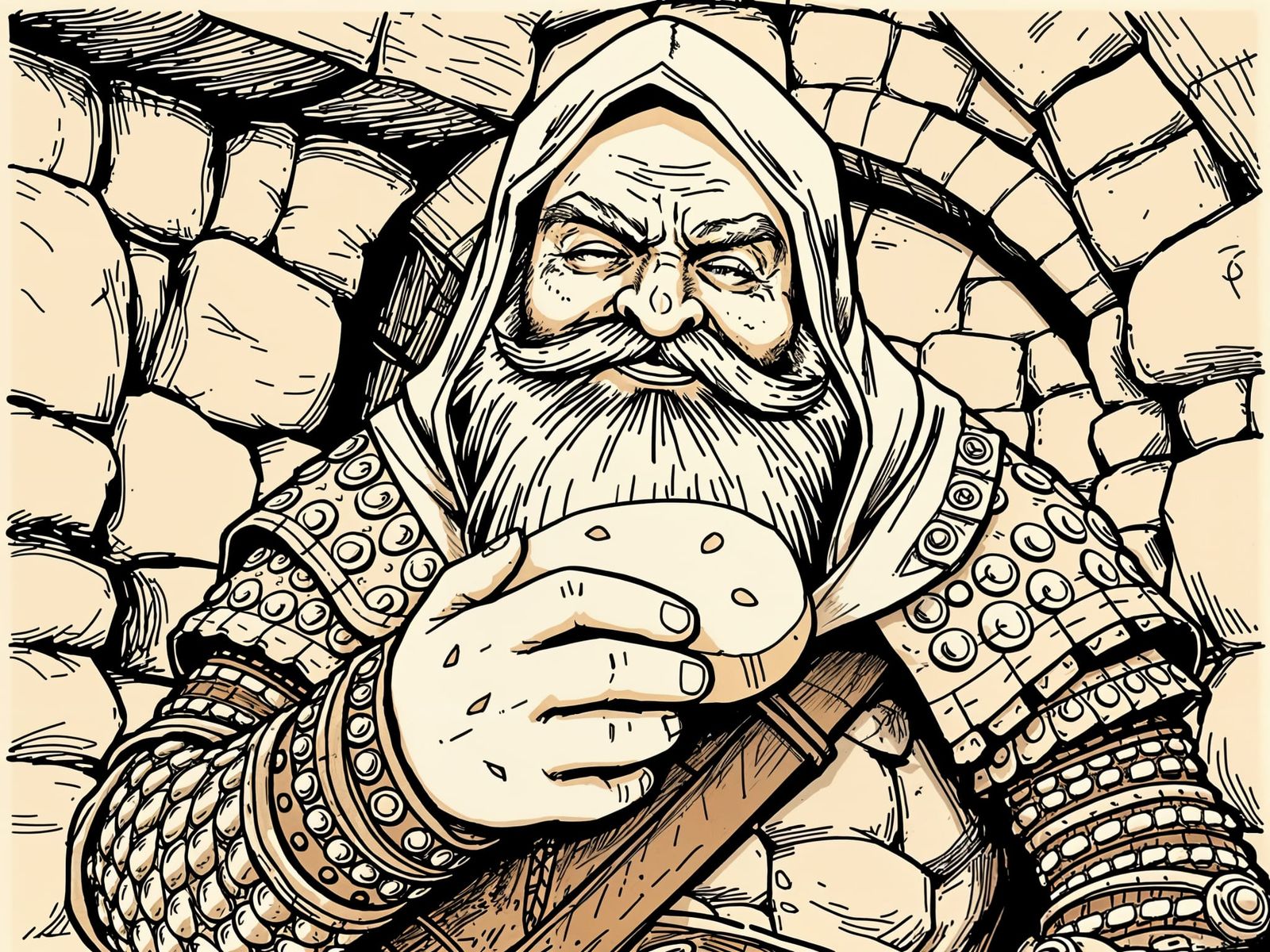 Happy Dwarf Warrior Eating Bread in Sepia Ink Drawing