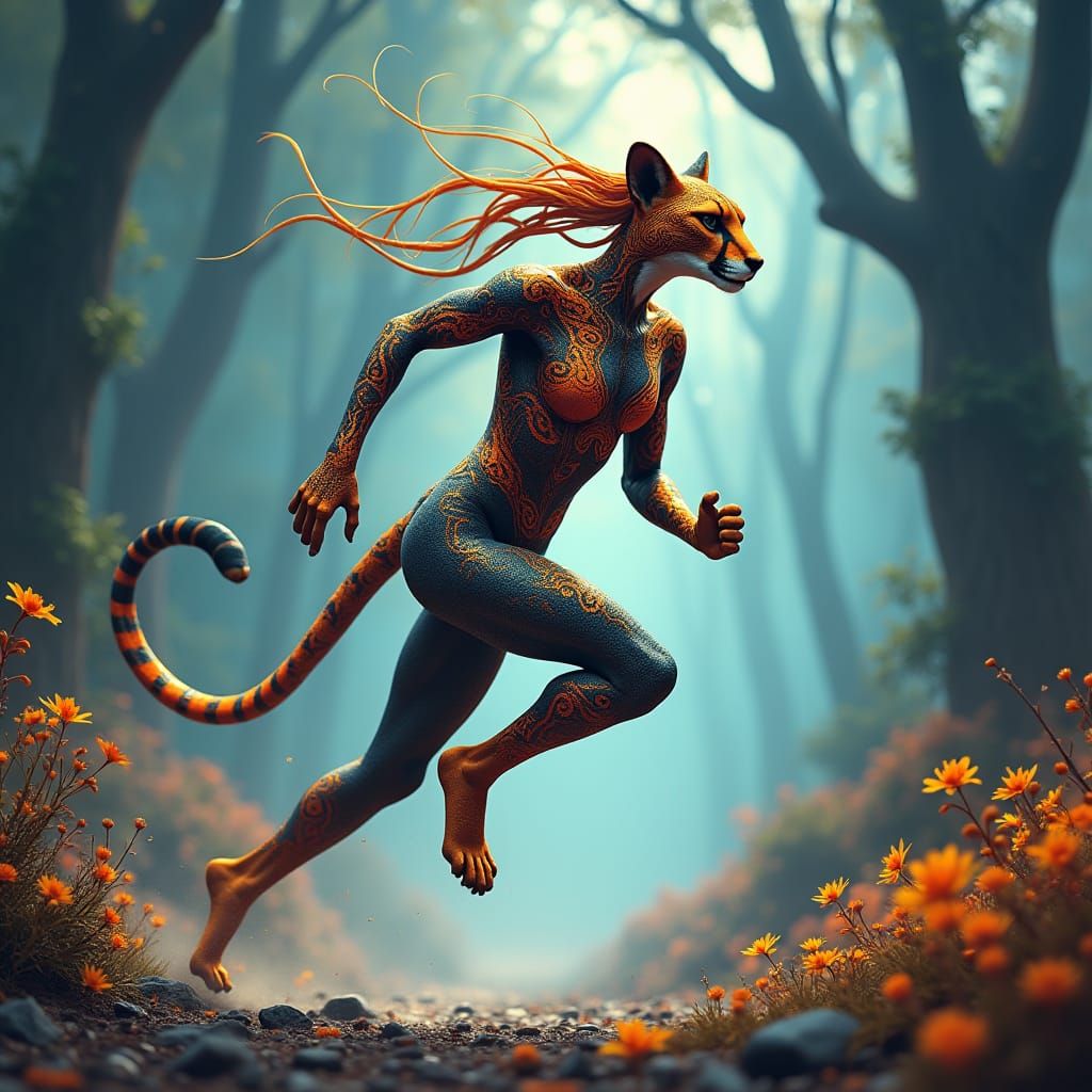 Humanoid Cheetah Sprinter in Dreamlike Landscape