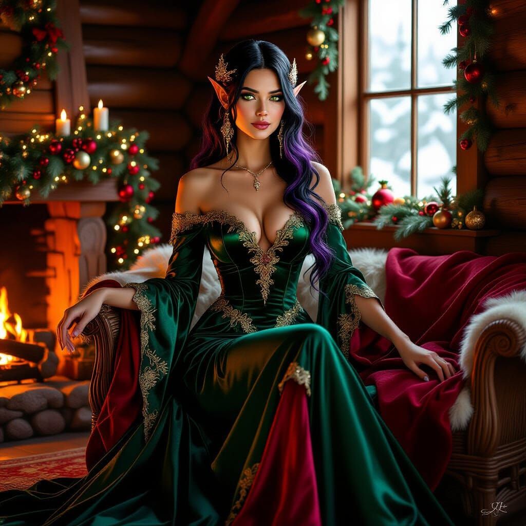Elven Woman in Festive Christmas Cabin