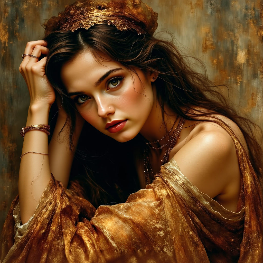 Romantic Portrait of Woman with Golden Jewelry