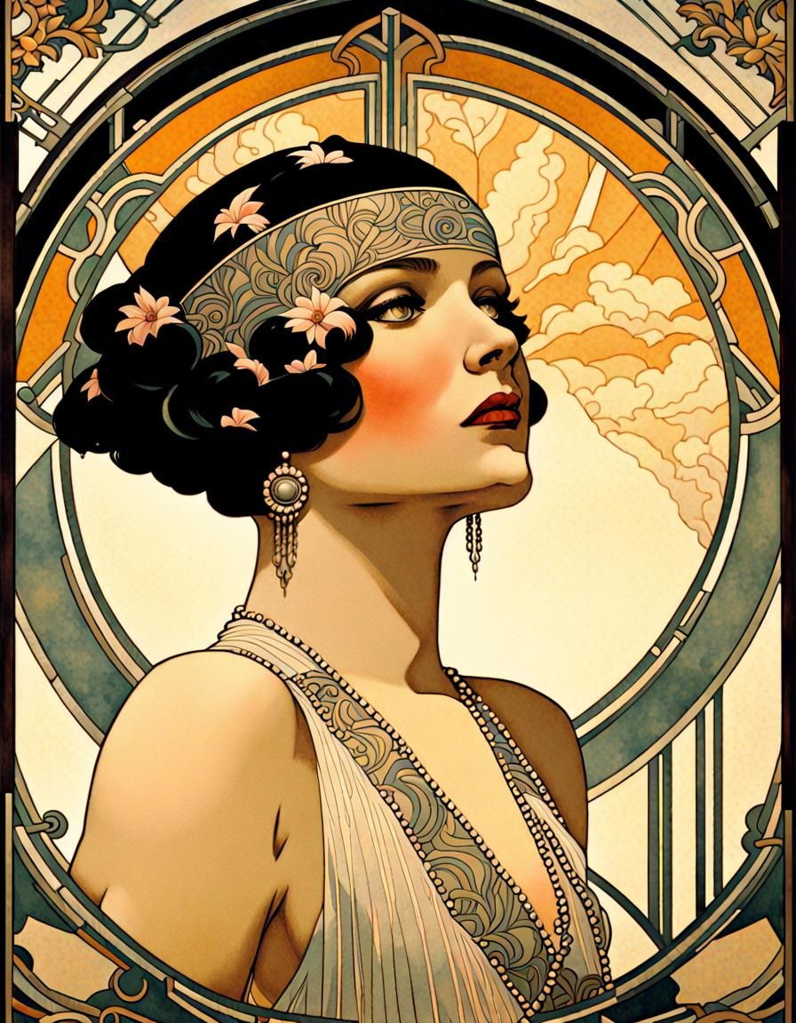 Art Deco Flapper Portrait in Art Nouveau Style
