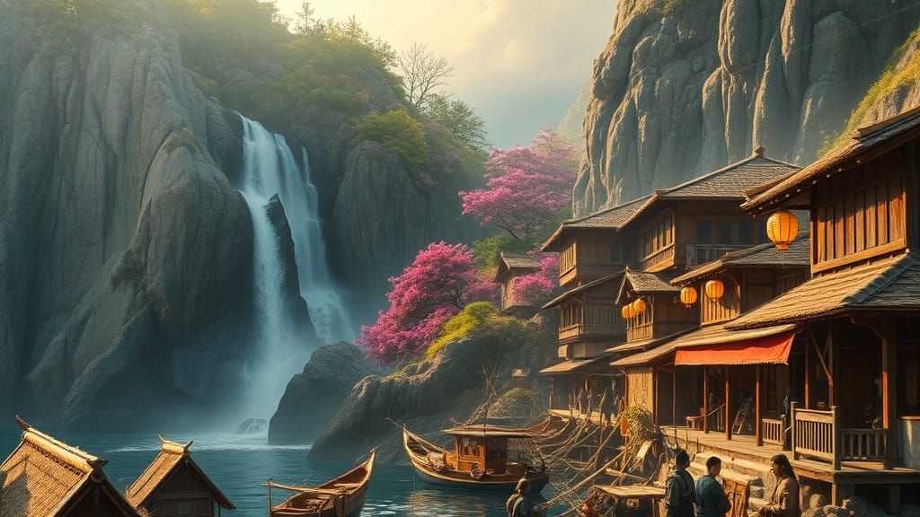 Dreamlike Japanese Village with Waterfall