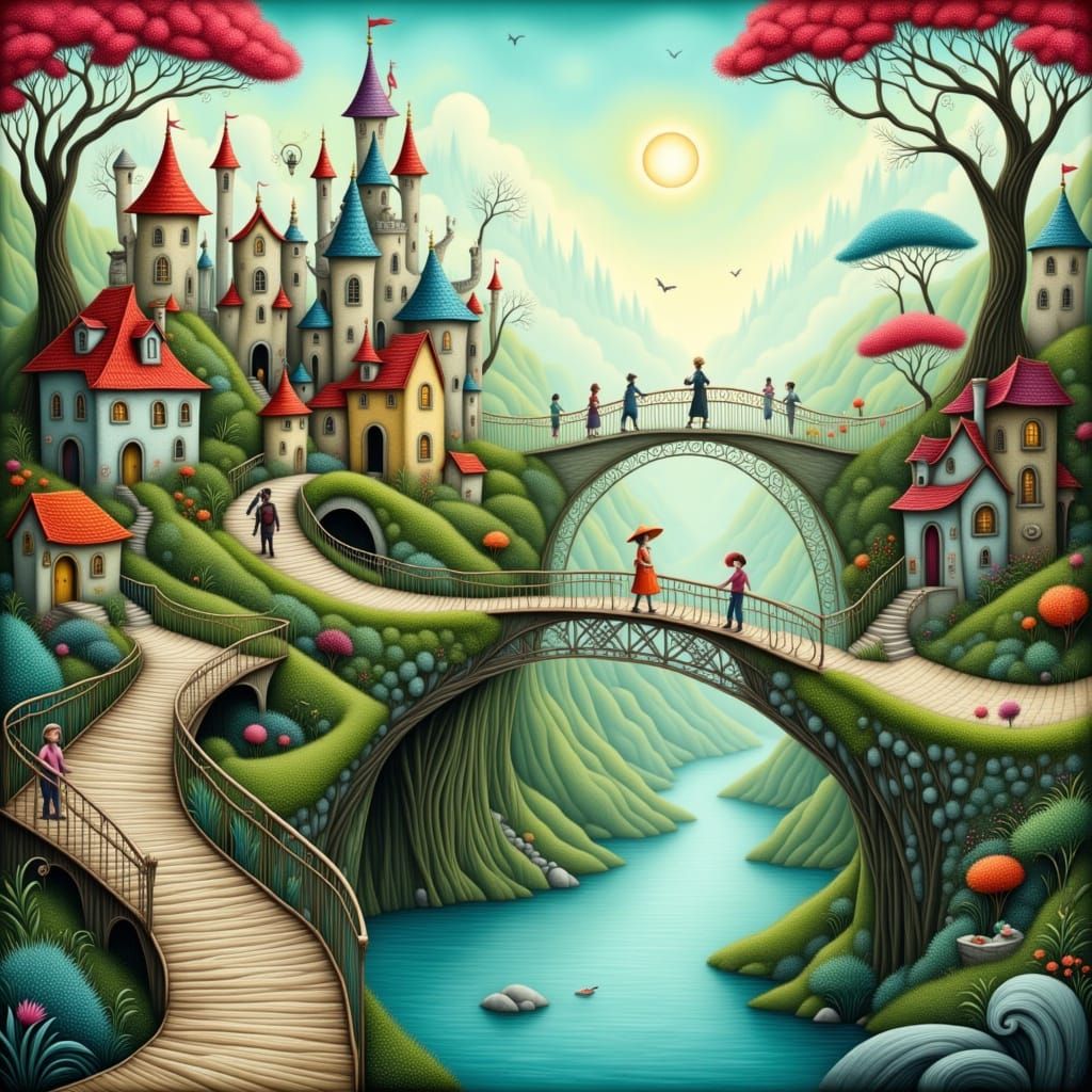 Whimsical People on a Whimsical Bridge