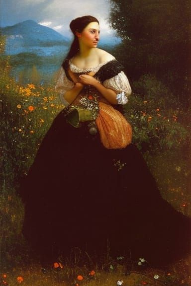 Woman with Flowers: Oil Painting in Courbet Style