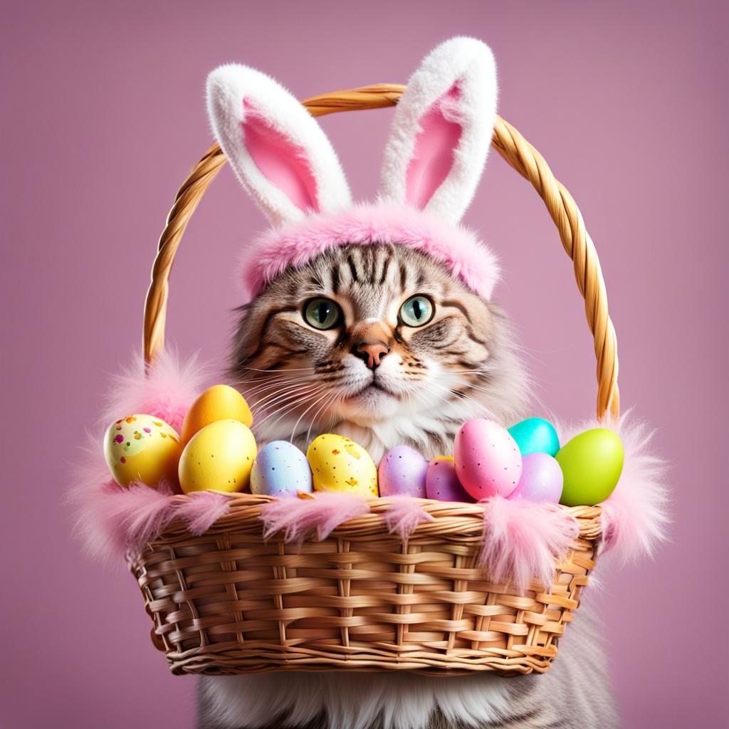 Easter Cat with Bunny Ears and Basket