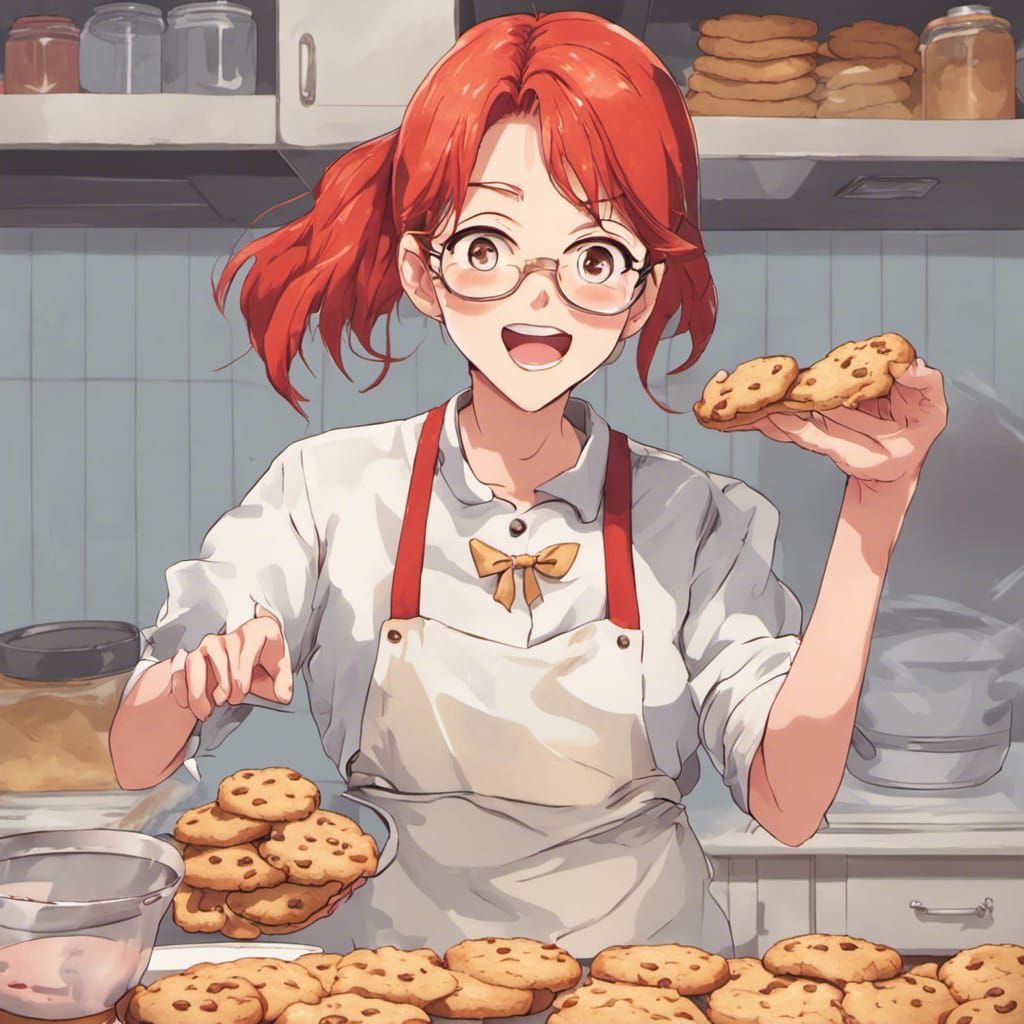 Excited Red-Haired Girl Baking Cookies: Anime Style