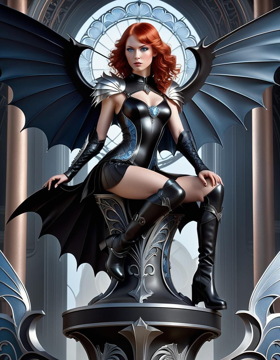 Dark Angel with Bat Wings in Art Nouveau Style