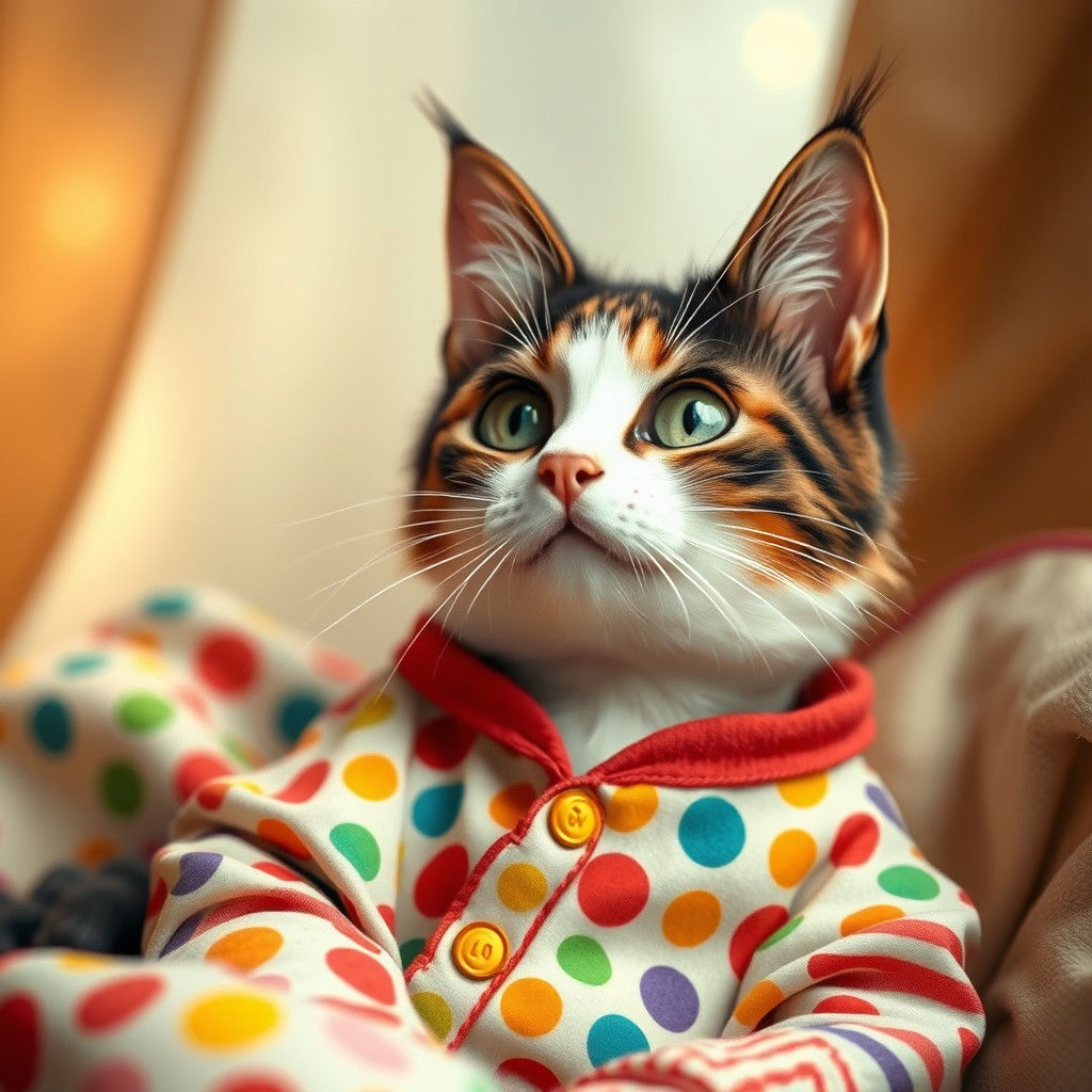 Whimsical Calico Cat in Pajamas, Illustrated Style