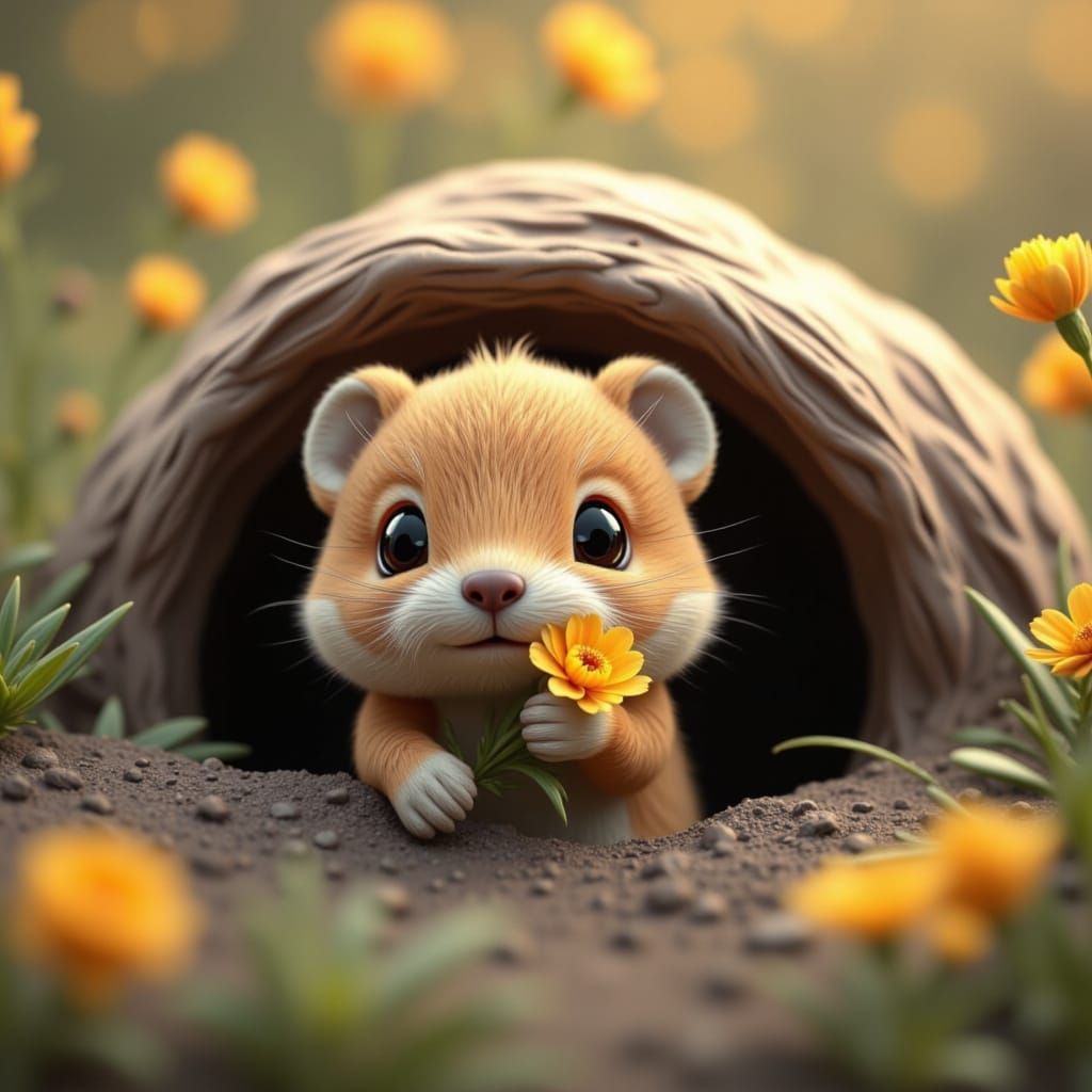 Vibrant Chibi Prairie-dog Snacking on a Flower in a Sunny Me...