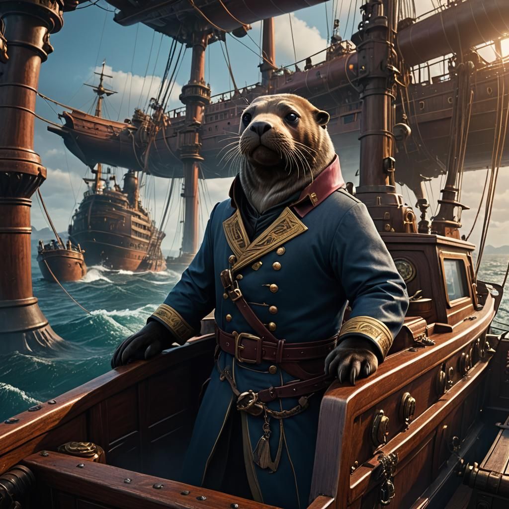 Sea Lion Captain Navigating Ship: Detailed Matte Painting