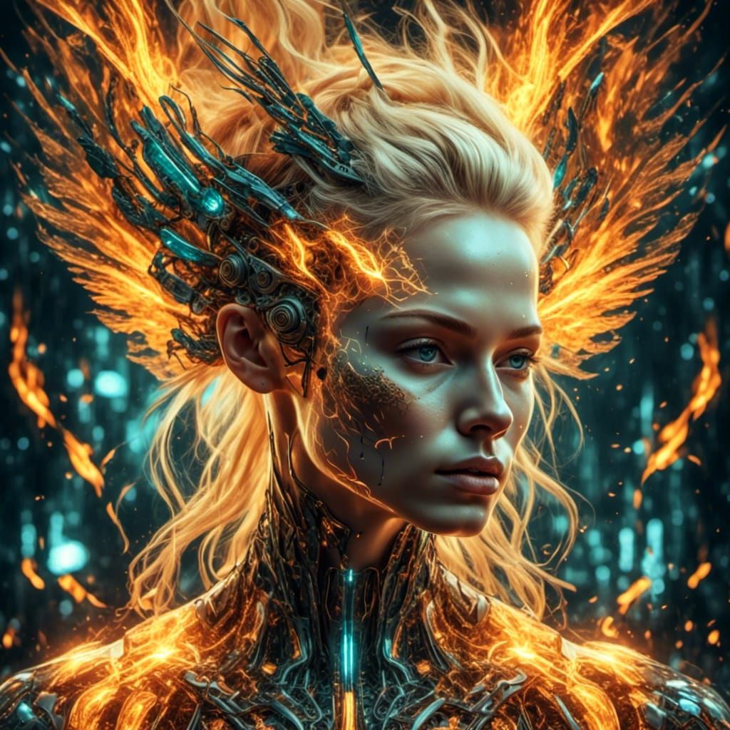 Android Double Exposure with Angelic Fire Wings