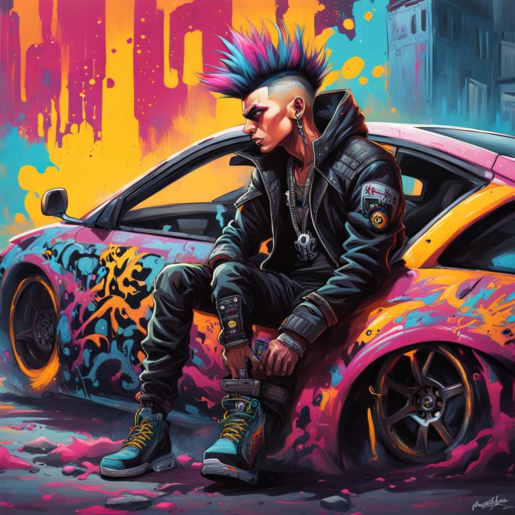 Cyberpunk Teen with Mohawk in Graffiti Art Style