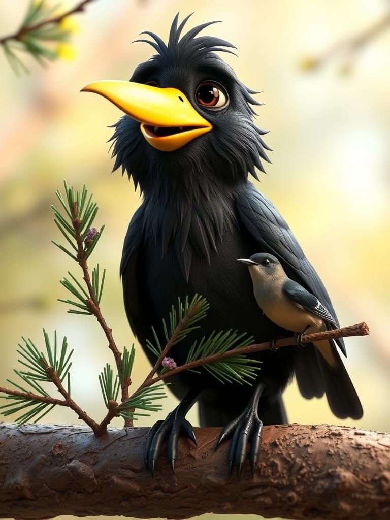 Cheerful Crow Perched on Tree Branch in Summer Forest