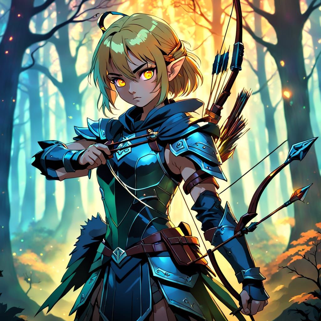 Anime Warrior in Mystic Forest with Bow and Arrow
