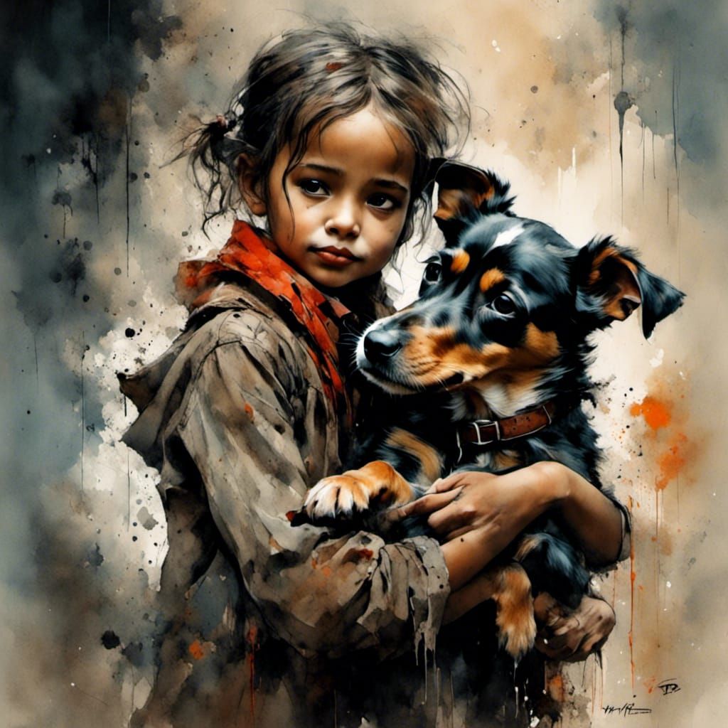 Toddler and Puppy Embrace in Comic Noir Style