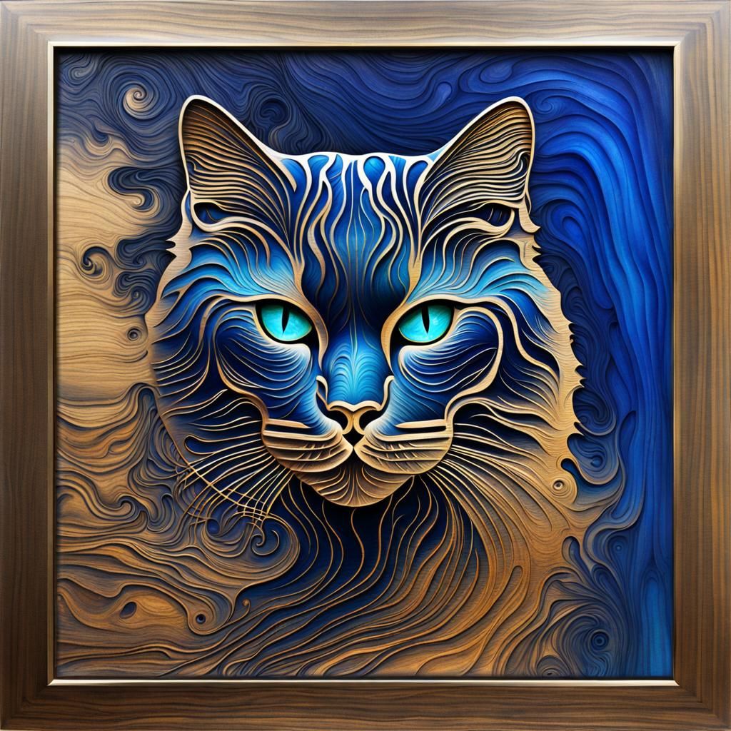 Minimalist Line Art Cat in Serene Blues and Gold