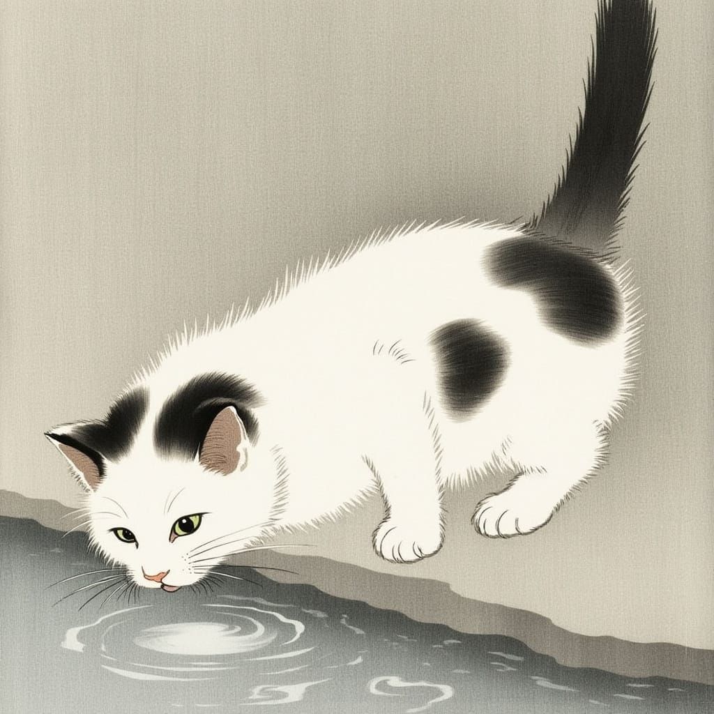 Kitty Sipping Water in Whimsical Style
