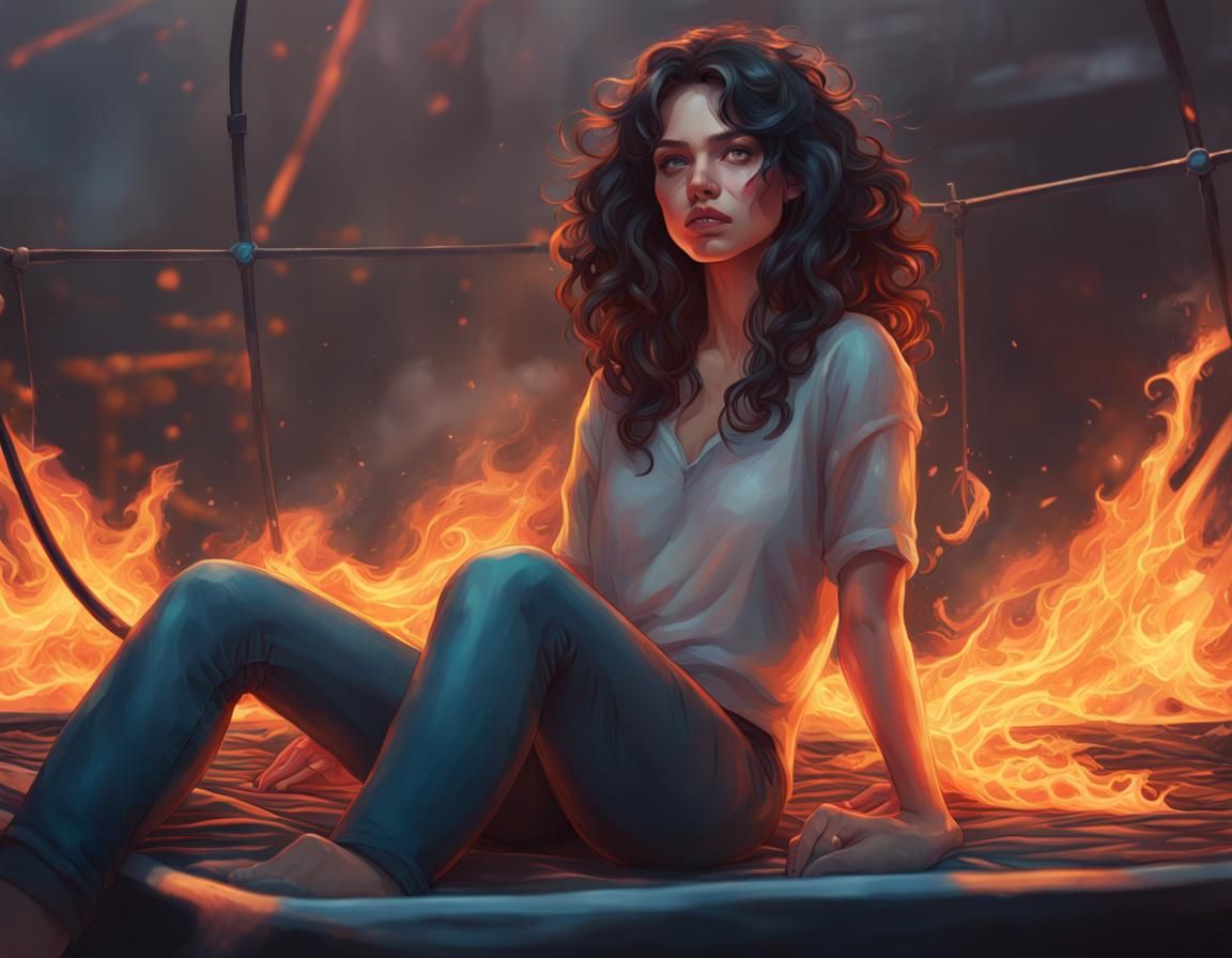Woman on Burning Trampoline: Hyperdetailed Digital Portrait