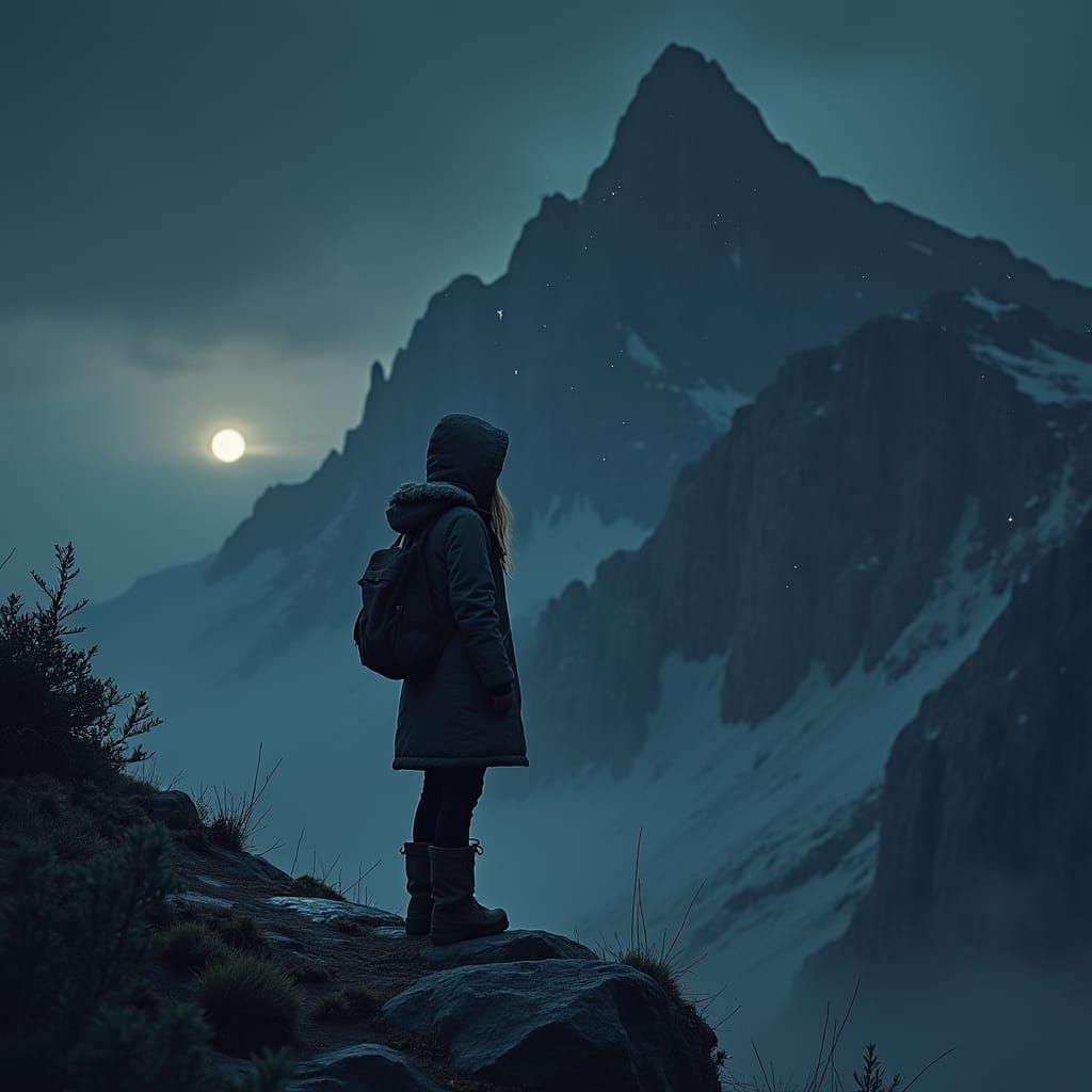 Eerie Mountain Nightscape with Girl in Silhouette