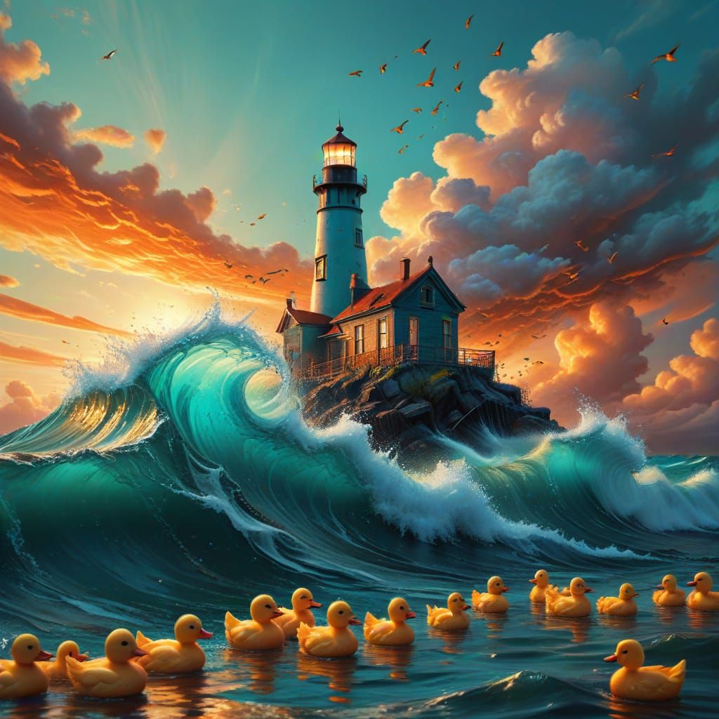 Whimsical Lighthouse Amidst a Sea of Rubber Duckies