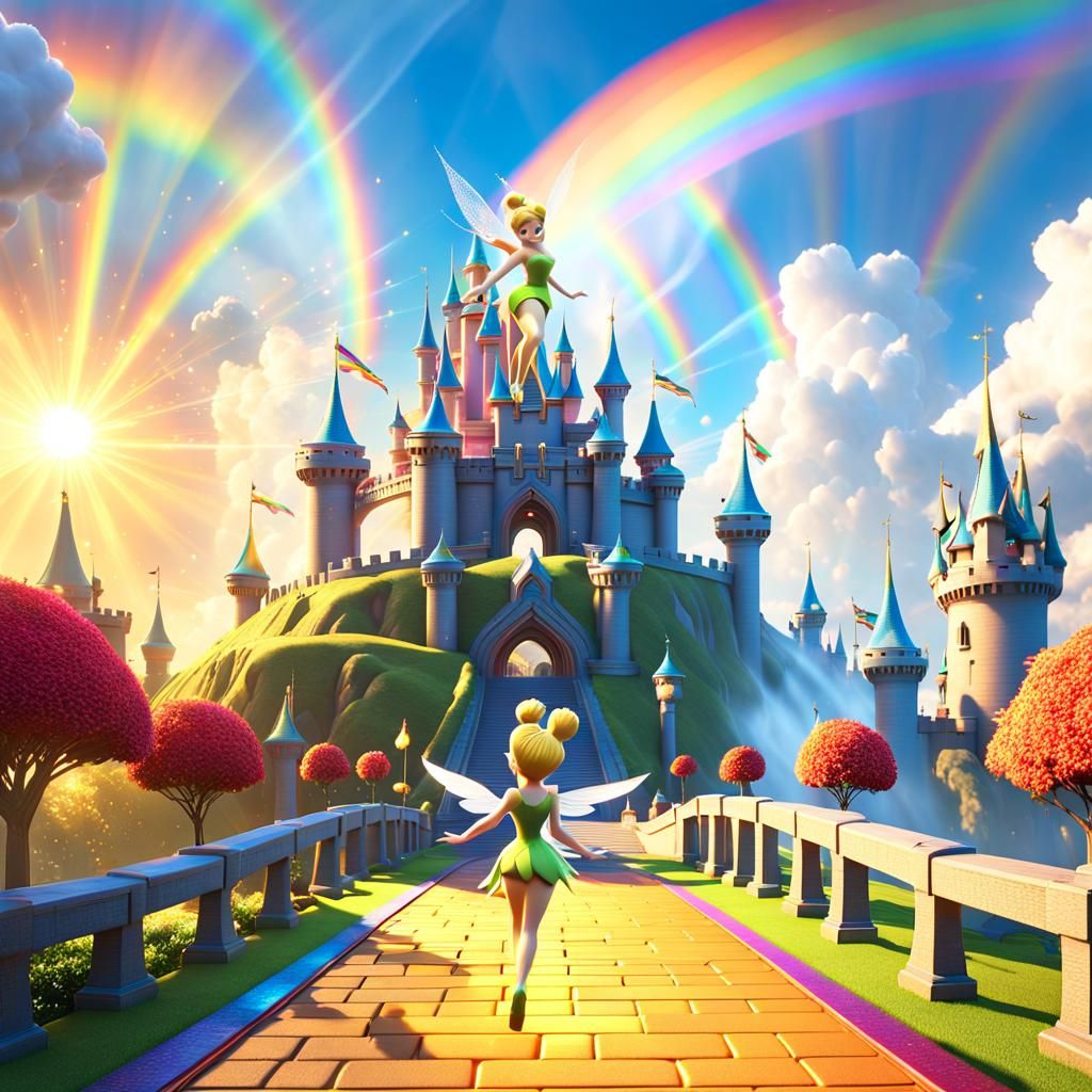 Tinkerbell as Supergirl Flies Over Disney Castle