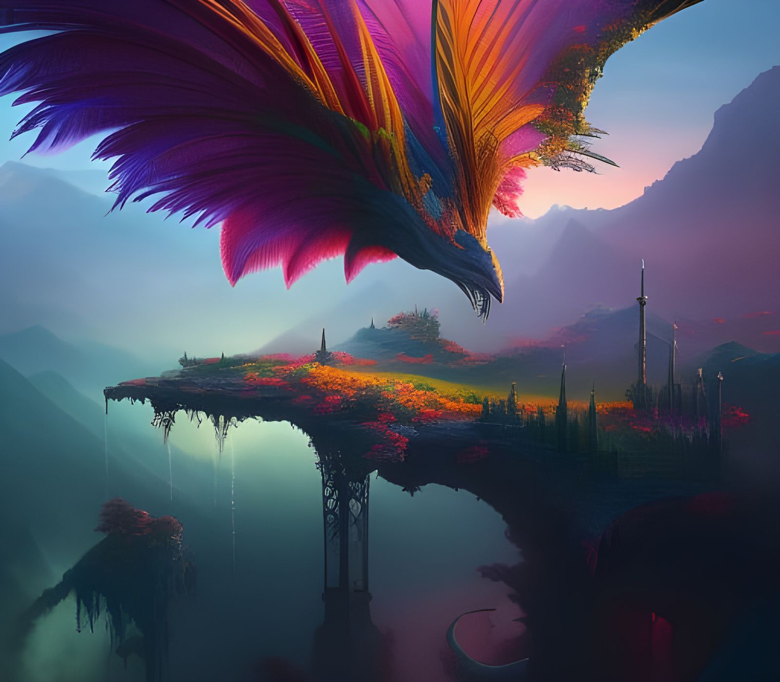 Colorful Feathered Pterodactyl Drinking From Flower