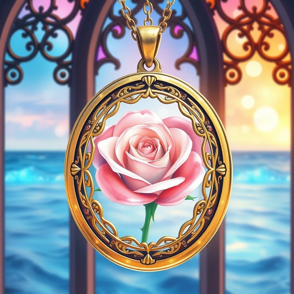 Crystal Rose Locket Amid Stained Glass, in Watercolor Style