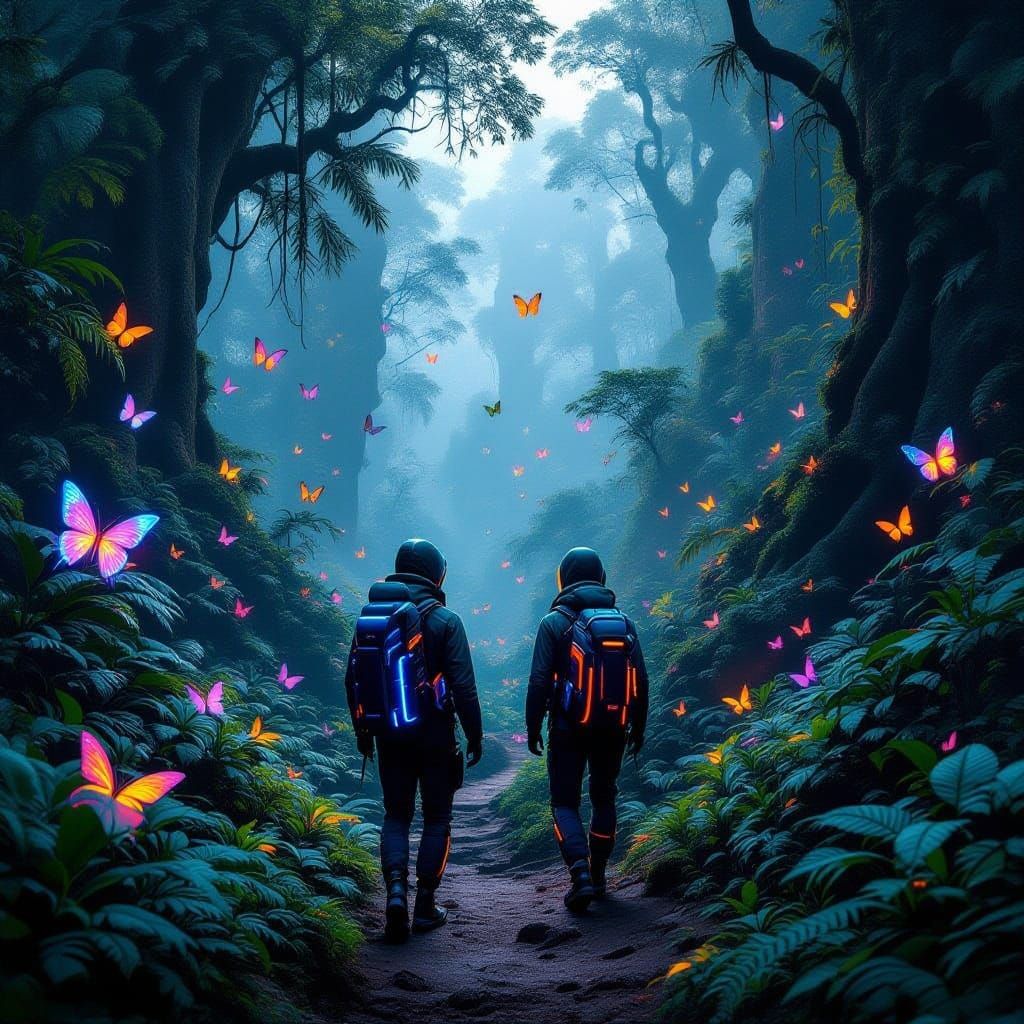 Bioluminescent Rainforest with Hikers in Psychedelic Style