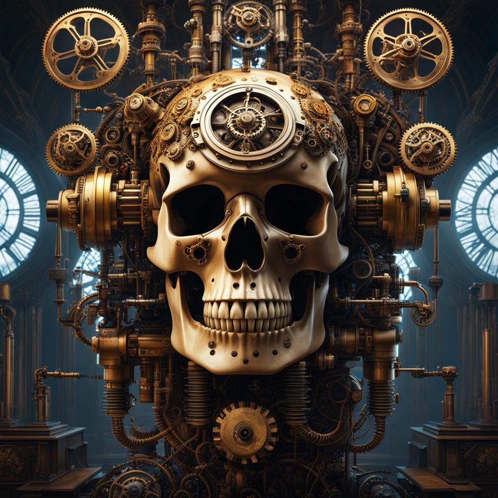 Steampunk Skull with Clockwork Brain: Detailed Matte Paintin...