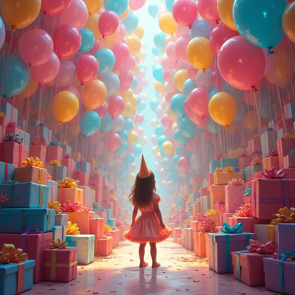 Whimsical Birthday Party Scene with Vibrant Balloons and Pre...