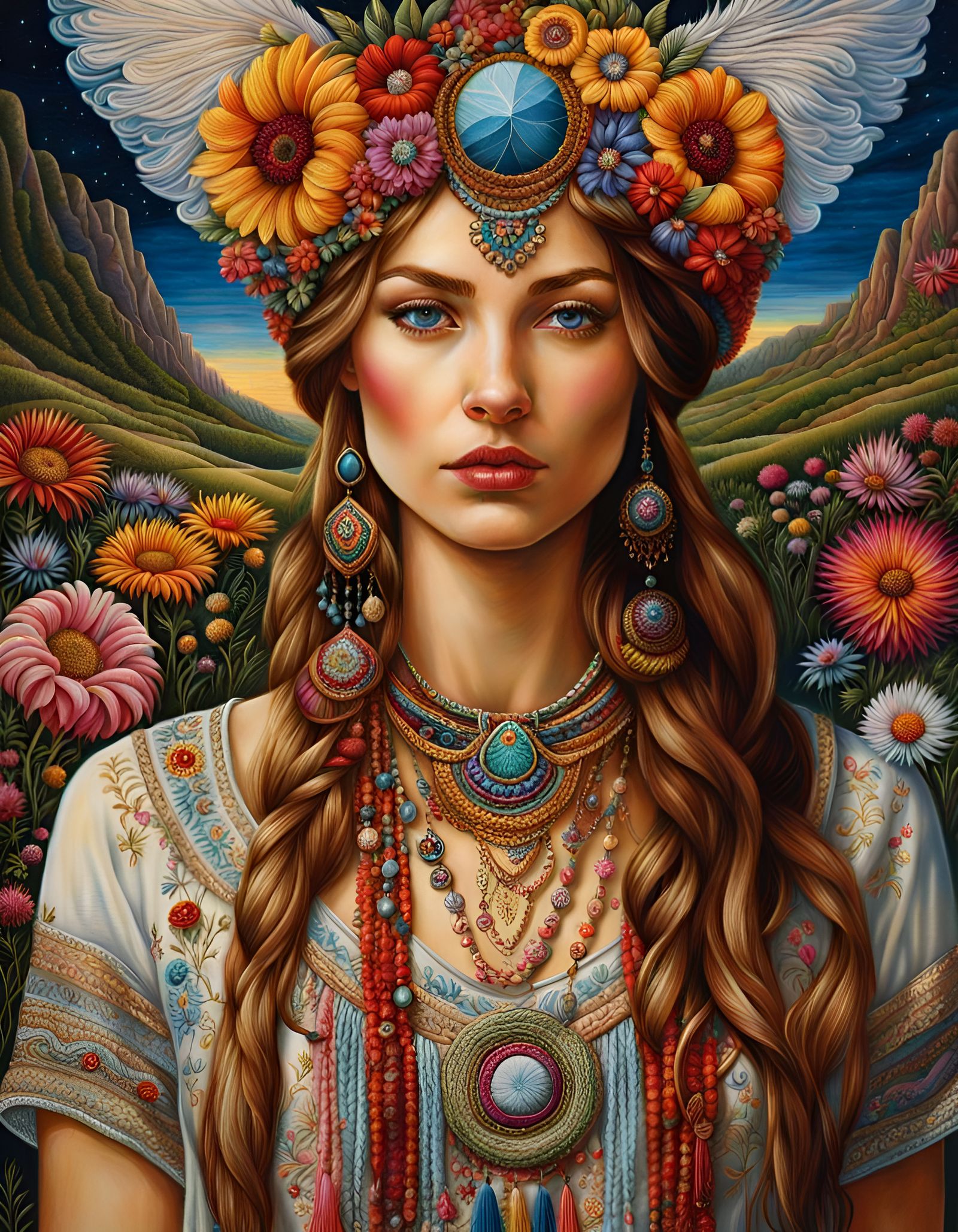 Hippie Woman in Embroidered Flowerscape