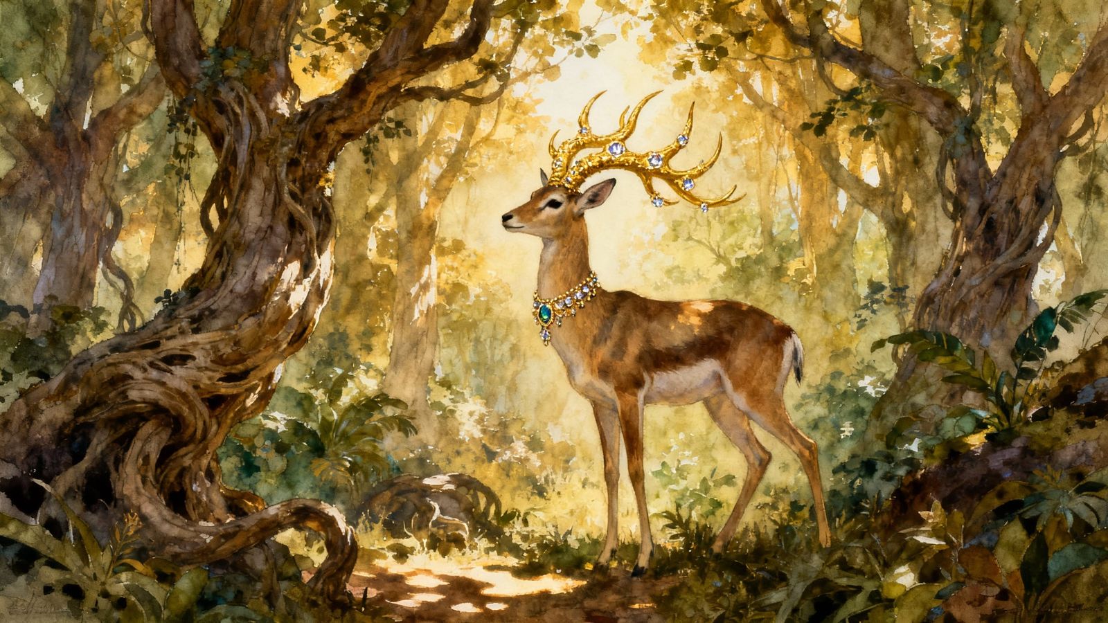 Majestic Gazelle with Golden Antlers in Sun-Dappled Forest