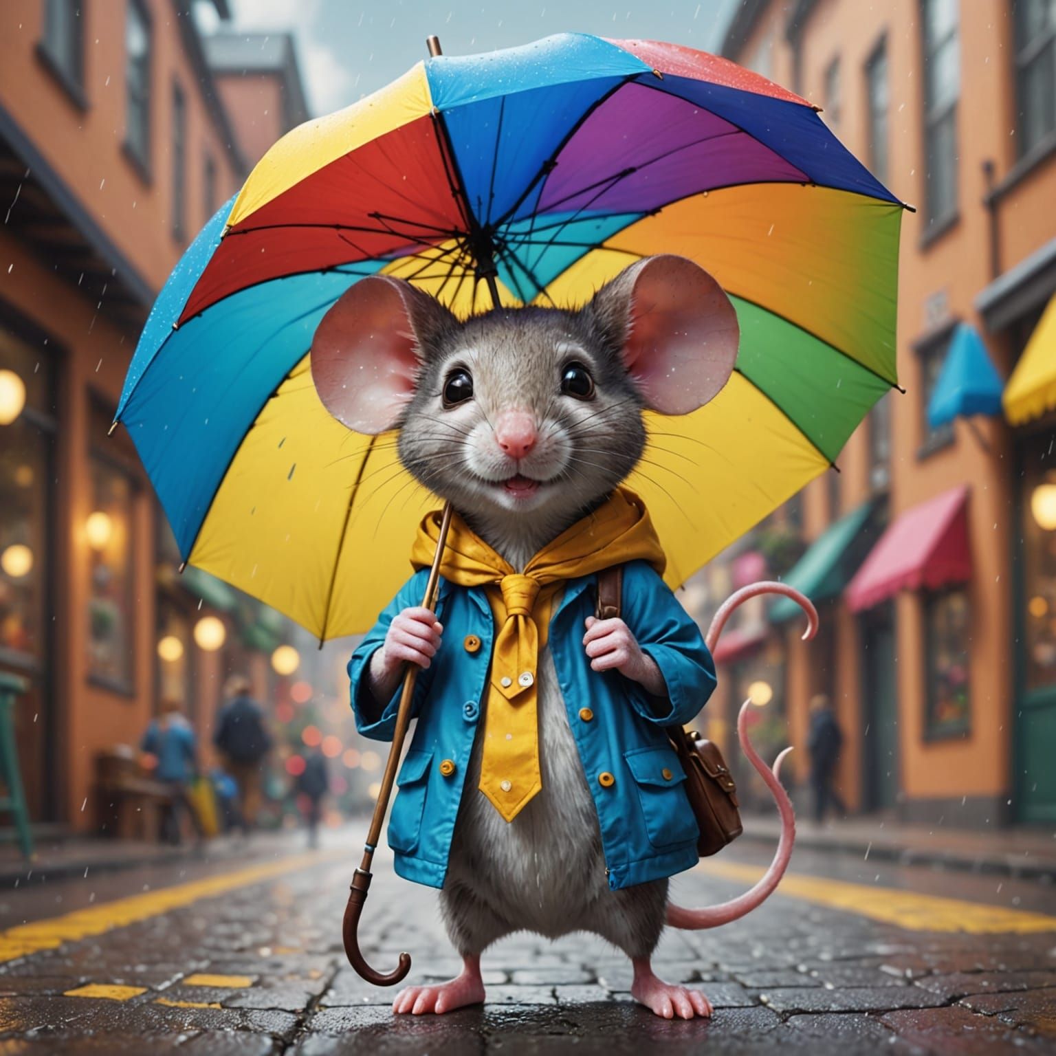 Cute Mouse Carries Colorful Umbrella in Whimsical Style