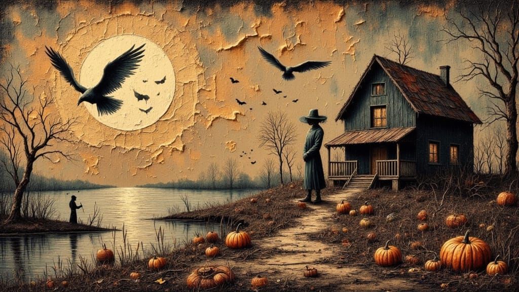 Spooky Rusty Landscape with Pumpkins and Ghosts