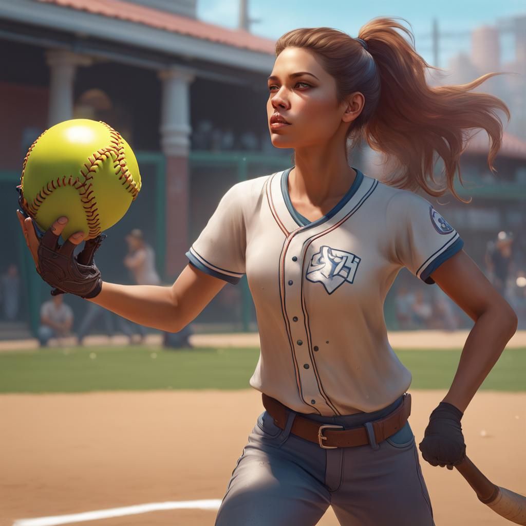 Girl Playing Softball with Dog, Hyperdetailed Portrait
