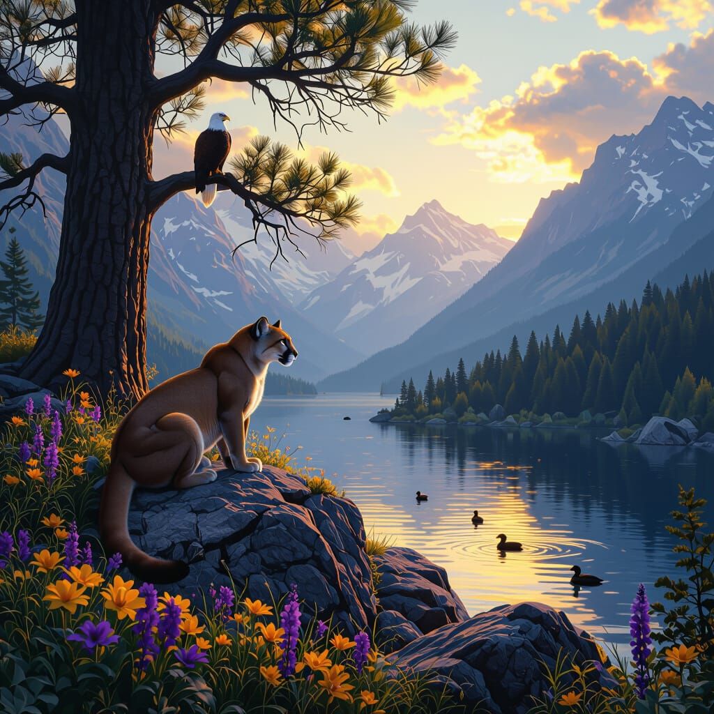 Mountain Lion, Eagle, and Lake Scene in Dark Fantasy Style