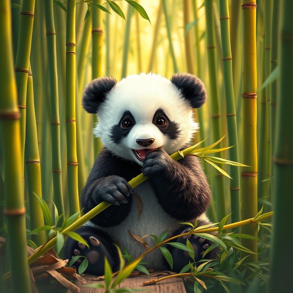 Baby Panda in Vibrant Bamboo Forest