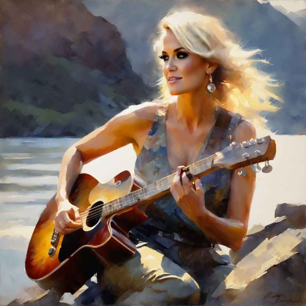 Viking Warrior Goddess Plays Guitar Above Fjord at Sunrise