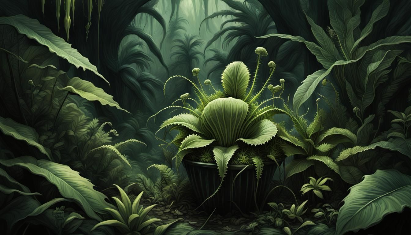 Venus Flytrap in Alien Rainforest, Monochrome Portrait