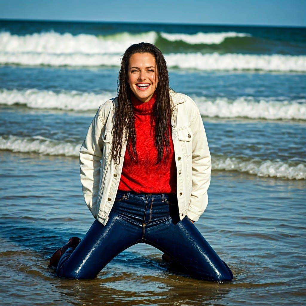 Brunette Woman Kneeling in Surf on Sunny Day