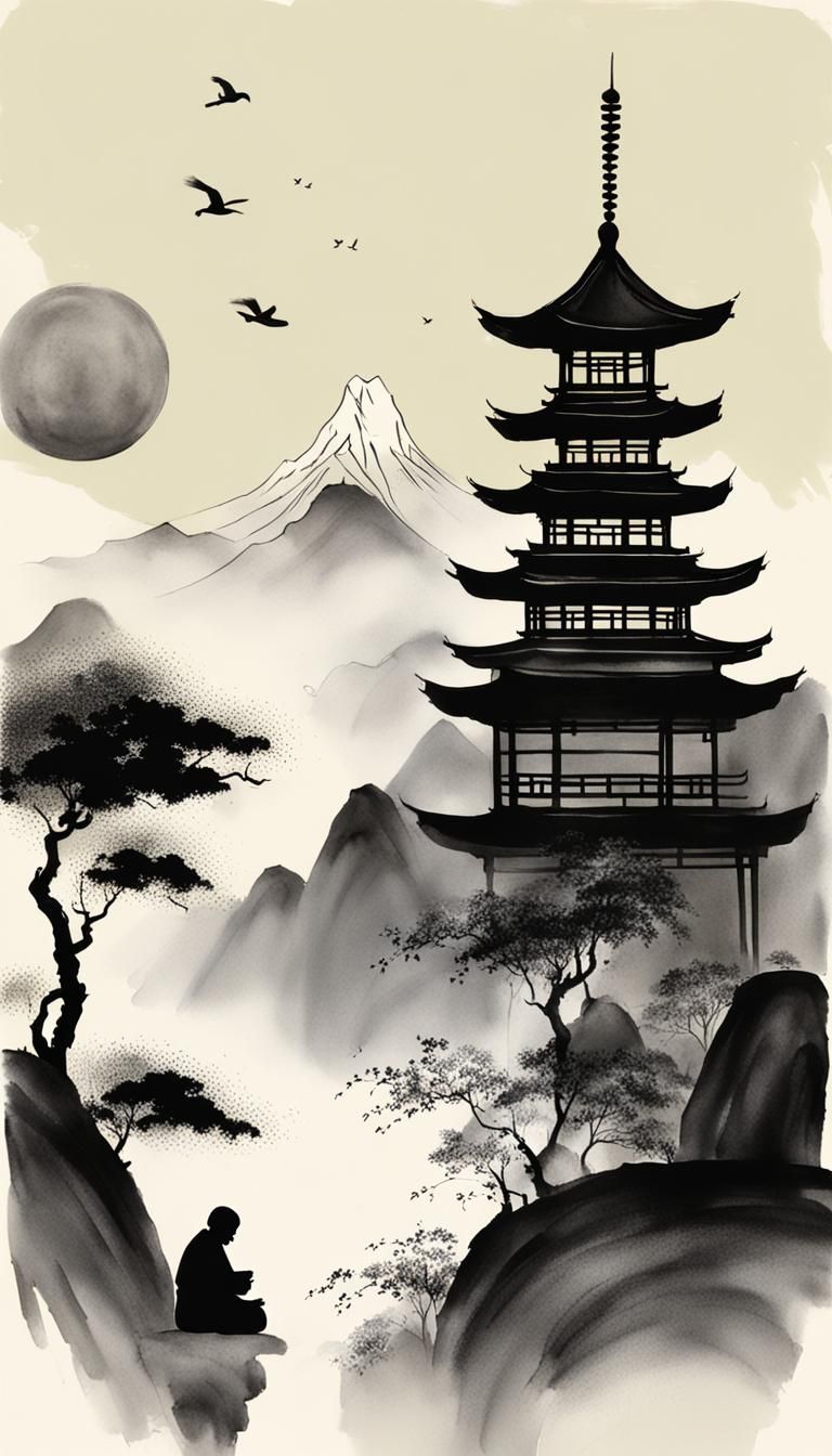 Minimalist Ink Painting of Meditating Monk