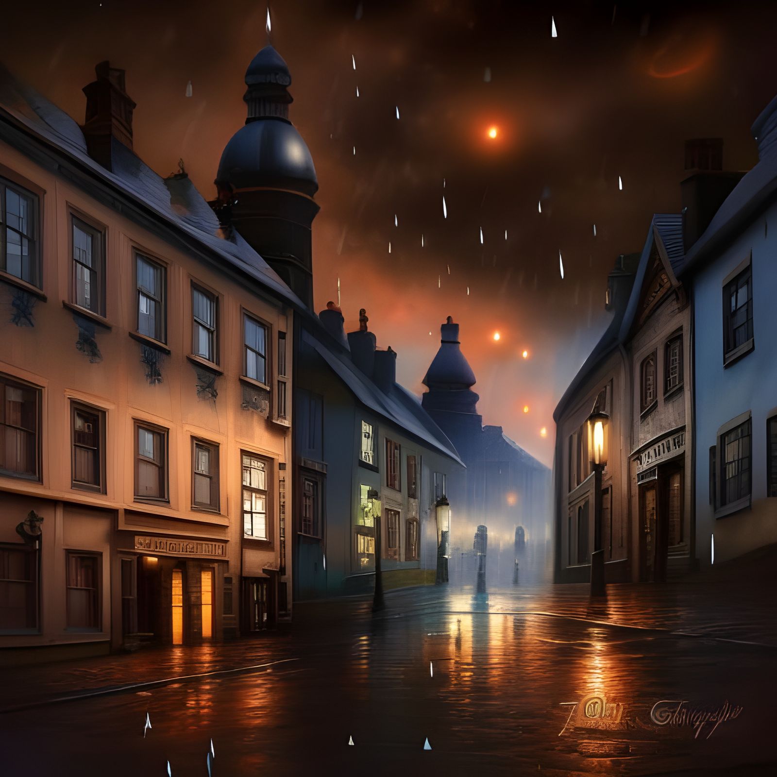 Rainy City Street: 19th Century Steampunk Oil Painting