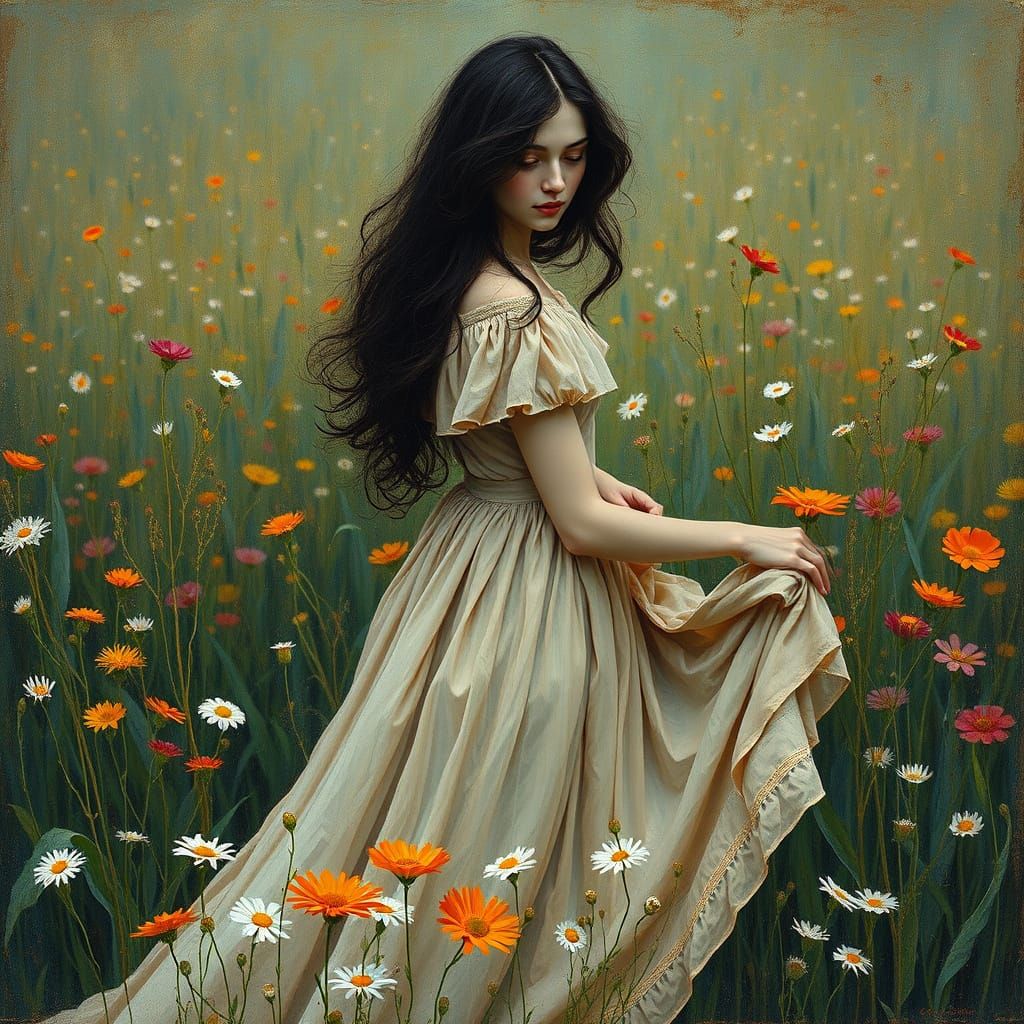 Woman in Flower Field: 18th Century Impressionism