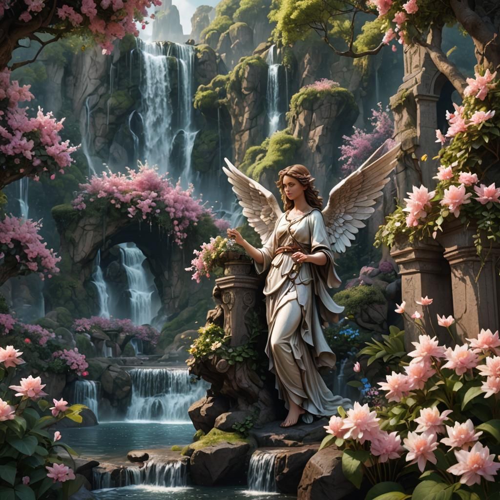 Angel with Waterfall and Flowers: Matte Painting