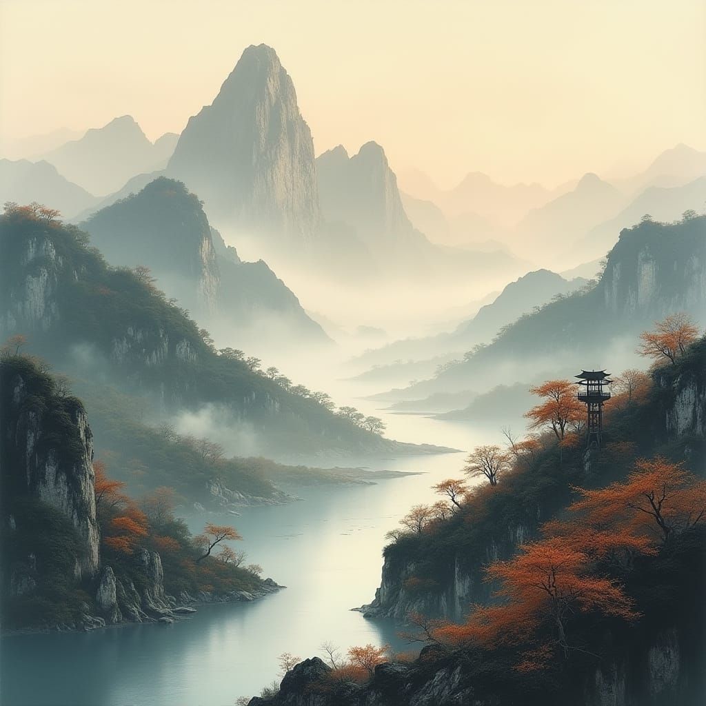 Autumn Landscape Painting in Chinese Ink Wash Style