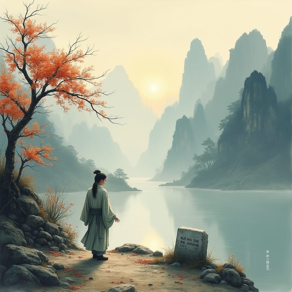 Autumn Landscape Painting of Yulian Spit in Chinese Ink Wash...