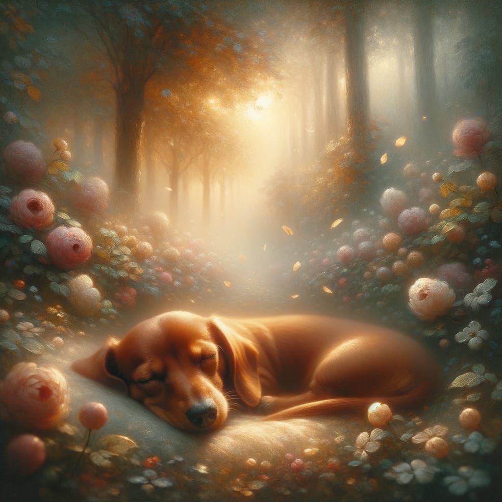 Sleeping Dachshund in Misty Twilight Garden as Impressionist...