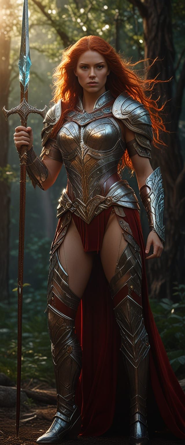 Muscular Female Warrior in Crystalline Armor with Glowing Sp...